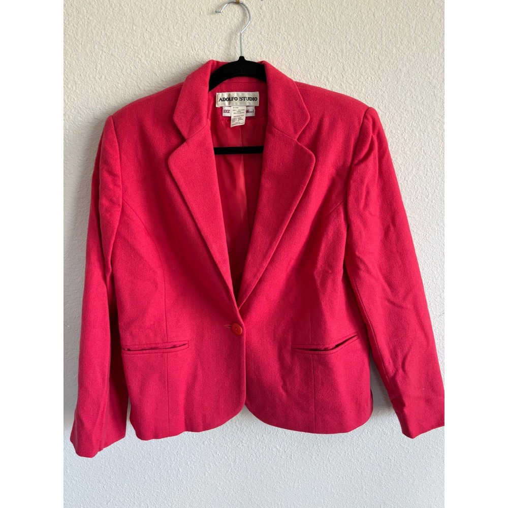 Adolfo Studio Blazer 8P Red 100% Merino Wool Single Button Petite Professional